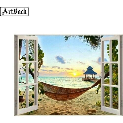 5d diy diamond painting beach window landscape full square diamond mosaic embroidery home decoration sticker