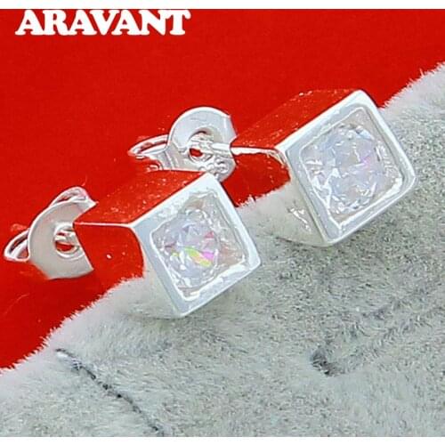925 Jewelry Silver Color Square Cubic Zircon Stud Earrings For Women Wedding Silver Plated Jewelry Gifts