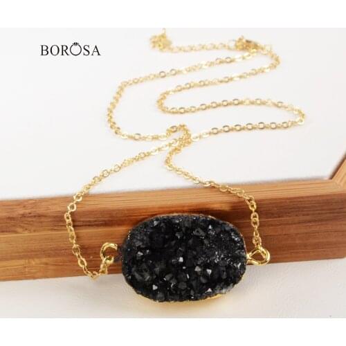 BOROSA 1PCS Oval Shape Natural Agates Titanium Druzy Connector Gold color Rainbow Jewelry for Necklace Bracelet