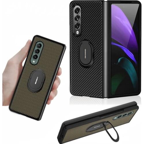 Carbon Fiber Case For Samsung Galaxy Z Fold 3 5G Protective Cover with Ring Buckle Phone Holder on For Galaxy Z Fold3 Shell