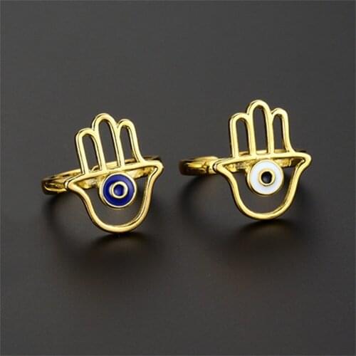 Lucky Evil Eye Ring Turkish Gold Hamsa Hand Fatima Rings For Women Adjustable Bague Femme Vintage Bijoux Wedding Jewelry