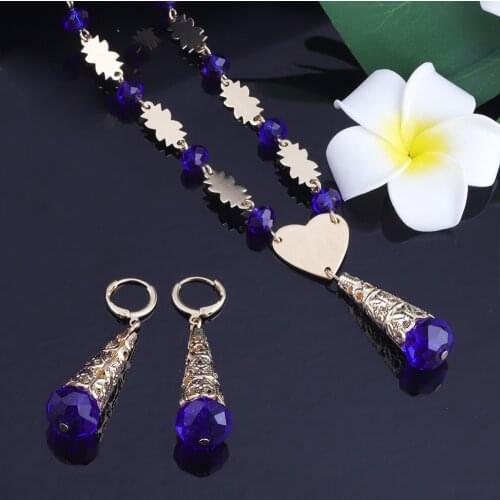 Hawaiian Jewelry Green Set Heart Colourful Crystal Polynesian Gold Pink Chian Necklace Earrings Wholesale for Women Girl Gift