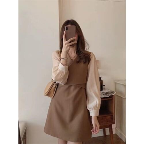 LMQ NEW 2020 Korean VNeck Women Slim High Waist Color Matching Chiffon Long Sleeve Party Elegant Fashion Short Dress Office Lady