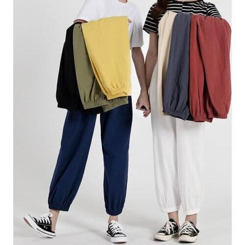 Linen Student Harem Pants Women Long Trousers Elastic Big Size High Waist Solid Color Pant Casual Loose Summer Clothes