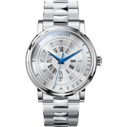 LOBINNI Mens Business 50M Waterproof Leather / Steel Strap Roman Scales Automatic Self-Wind Mechanical Wrist Watch - Silver