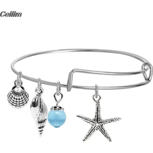 Charm Expandable Wire Bracelet Bangle Adjustable Bohemian Shell Conch Beads Starfish Bangles Women Beach Jewelry Gift