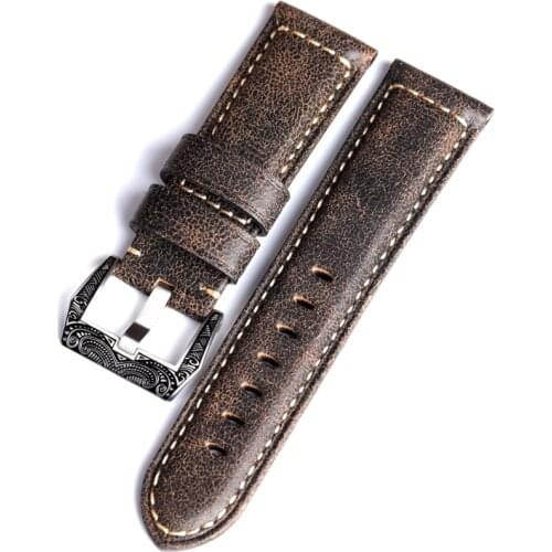 Hand-Cracked Gray Leather Watchband 20 22 24MM For PAM111 Diving Watch Bronze Bracelet, Italian Cowhide Material