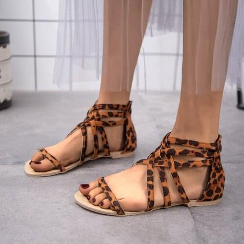 Sumemr Strap Sandals Women Leopard Print Casual Sandals for Women Zipper Gladiator Flock Female New Flat Rome Sandals Big Size