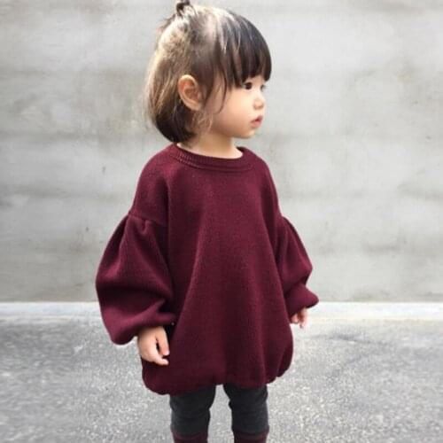 2021 New Spring Toddler Kids Girl Knit T-shirt Tops Wine Red/Grey Balloon Sleeve Children Top Clothing for 1 2 3 4 5 6Y
