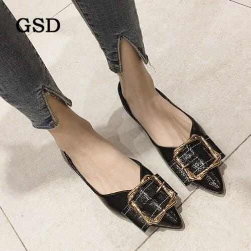 Solid Black Patent Leather Fashion Metal Design Women Shoes Pointed Toe Shallow Slip On Basic Flats Casual Big Size Zapatos Muje