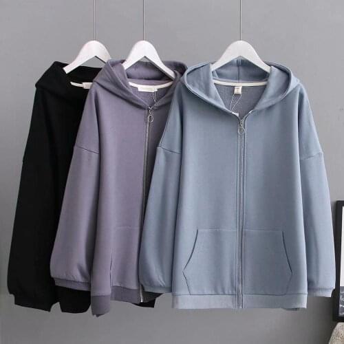 Plus Size 4XL Womens Jacket Spring New Korean Casual Fashion Loose Solid Color Hooded Zipper Sweatshirt Coat Female Outwear