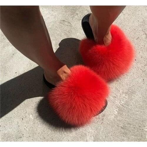 2020 100% Real Fox Fur Slides Furry Female Indoor Slippers Furry Summer Shoes Woman Sandals Flat Brand Luxury Plus Size