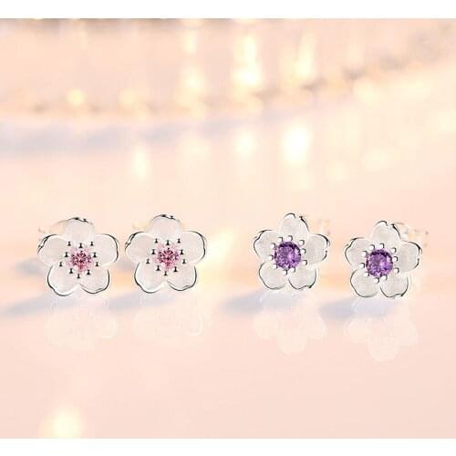 Zircon Earrings silver fashion Cherry blossoms flower crystal ladies`cute stud earrings women jewelry birthday gift cheap
