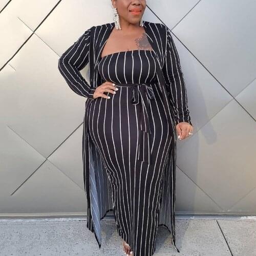 New Striped Print Dress & Outwears Sets for Women 2021 Femme Autumn Fall Big Size Fashion Evening Night Party Wear Long Dresses