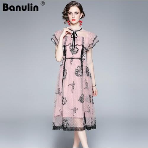 2021 Women Summer Fashion Runway Midi Dress Ruffles Flying Sleeve Lace High Waist Slim Mesh A-Line Dresses Vestidos N69970