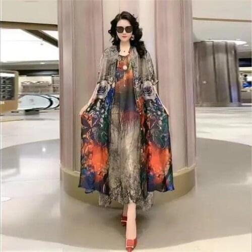 Women Silky Silkworm Dress 2021 New Summer Printing Dress Two-piece Suit Fashion Loose Large Size Long Dress Set Plus Size 5XL