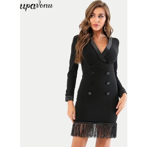 Free Shipping Sexy Long Sleeve V-neck Tassel Sequined Dress Double Breasted Bodycon Mini Dress 2021 Spring New Women Party Dress