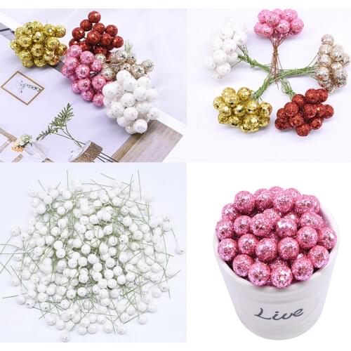 100pcs/lot Mini Glitter Red Gold Stamens Cherry Artifical Flowers Small Berries Christmas Wedding Party DIY Gift Box Decorations