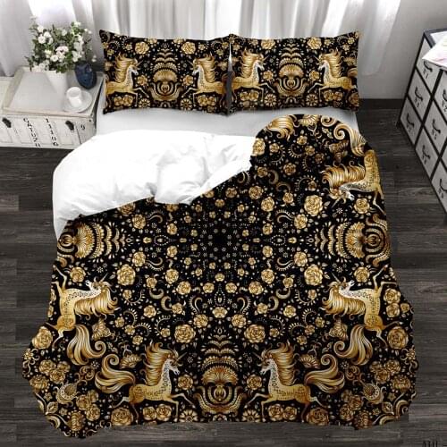 3D Fashion Digital Printing 2-3 Pieces Luxury Black Gold Blue Quilt Cover Pillowcase Double Bed Set Sheet Cover Quilt Bedding