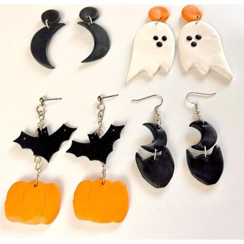 2021 Creative Polymer Clay Halloween Earrings for Women Handmade Ghost Bat Pumpkin Moon All Hallows' Day Jewelry Gifts Wholesale