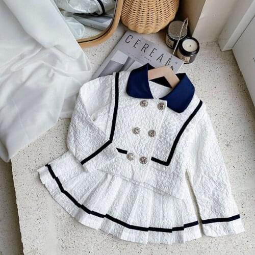 Spring Autumn Girls 2 Pcs Set Baby Coat + Pleated Skirt Kids Suits Children Fashion Clothes Preppy Style Brand 2 To 6 Yrs