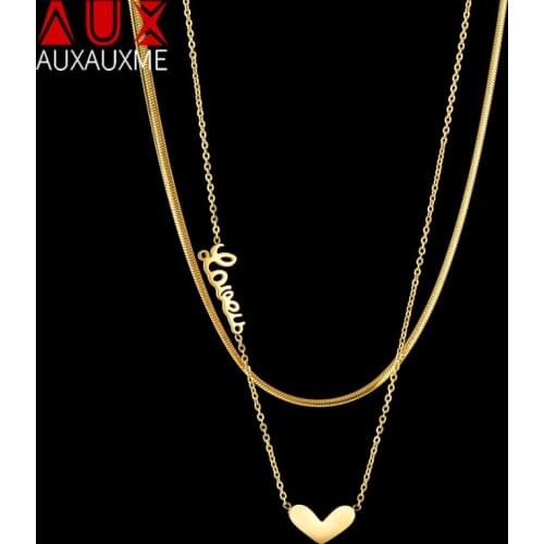Auxauxme New Model Love Letter Double Necklace Gold Color Women Stainless Steel Flat Snake Chain For Birthday Party Gift