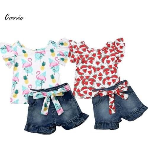 PUDCOCO Toddler Kids Baby Girl Floral Tops Print T-shirt Denim Pants Shorts Outfits Clothes Set 1-6T
