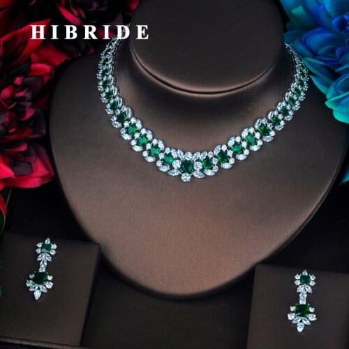 HIBRIDE Brand Beautiful Green Flower Shape Full Cubic Zirconia Dubai Jewelry Sets Women Wedding Bride Dress Accessories N-386