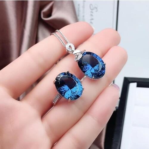 Ocean Blue topaz ring and pendant for necklace 925 silver fine jewelry set big size natural gem Nov birthstone anniversary gift
