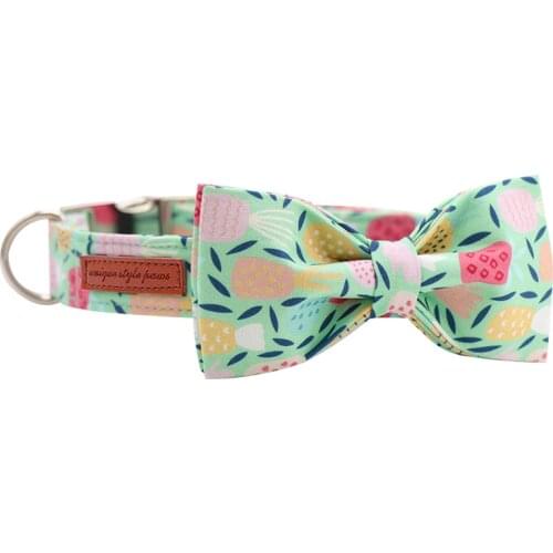 Pineapple Green Cotton Fabric Dog Collar and Leash Set with Bow Tie for Big and Small Dog Metal Buckle Pet Accessories