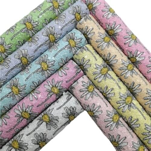 Daisy Printed Chunky Glitter Faux Vinyl Fabric with Felt Backing Glitter Leather Sheets For Earrings Bows DIY 21X29CM GM2312B