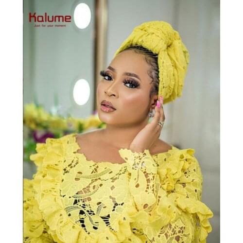 Kalume Hollow Out African Guipure Cord Lace Fabric Yellow Embroidery Nigerian Mesh Cord Lace Fabric With Stones For Party F1959