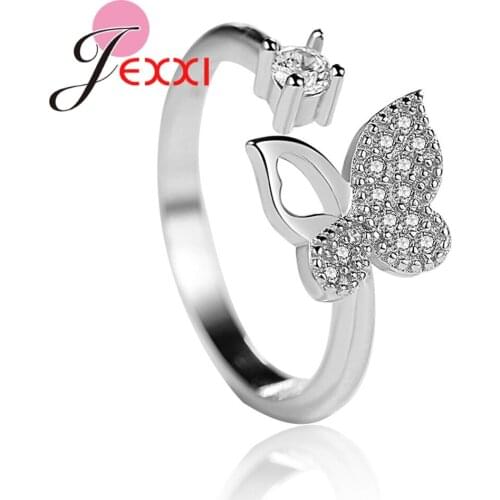 Cute Luxury 925 Sterling Silver Crystal Cubic Zirconia Butterfly Rings For Women Jewelry Fashion Opening Adjustable Finger Ring