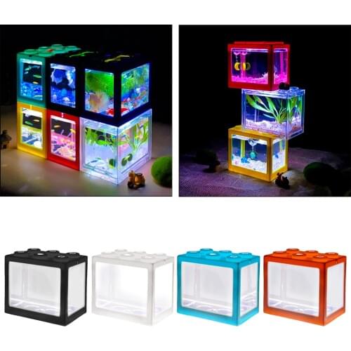 Mini Fish Tank LED Light Clear Ornament Aquarium Office Desktop Decor Pink