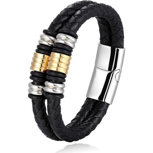 Fashion Mens Leather Cord Bracelet Stainless Steel Braided Leather Bracelet Handmade Double Layer Female Bracelet