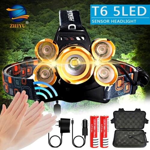 Powerful LED Headlamp 5LED T6 Sensor Headlight 8000 Lumens Flashlight Torch Head Light 18650 Battery Best for Camping, Fishing