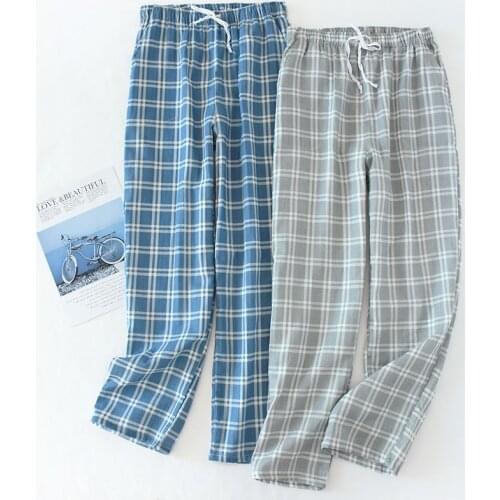 Mens Cotton Gauze Trousers Sleep Bottoms Plaid Knitted Pajama Pants Lounge Wear Trousers Spring Men Elastic Band Pijama Pants