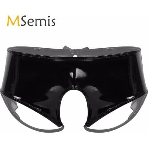 Mens Crotchless Underwear Wet Look Patent Leather Underpants Lingerie Open Crotch with Sheer Organza Trim Sissy Briefs Panties