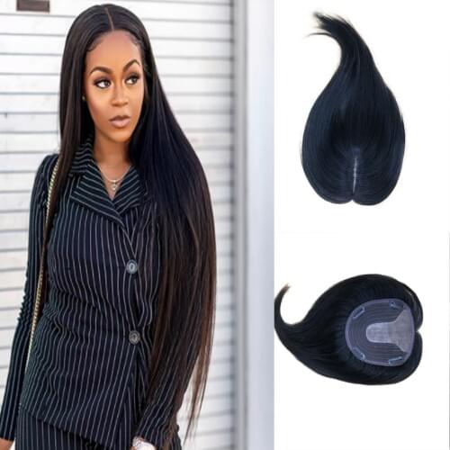 Natural Black Straight Brazilian Hair Topper Hairpieces For Women Middle Part Machine Silk Top Human Hair Clip in Crown Toppers
