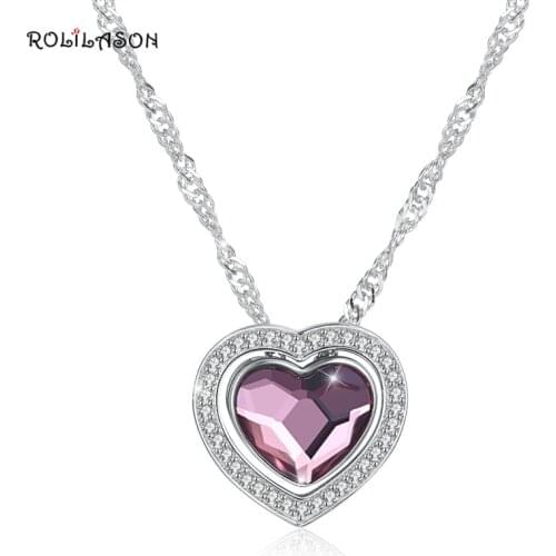 ROLILASON 925 Sterling Silver Heart Square pink zircon For friend Wedding gift Necklace Pendant Fashion Jewelry SP52