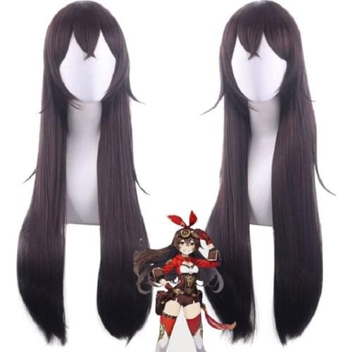 Genshin Impact Amber Cosplay Wig 80cm Long Straight Dark Brown Hair Heat Resistant Wigs Women Role Play Costume