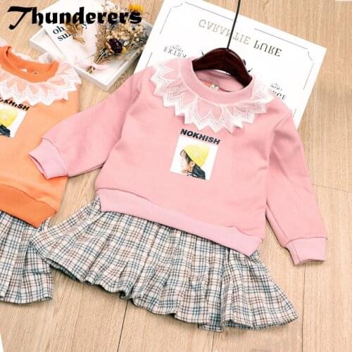 Thunderers Spring Autumn Cotton Girl Dresses Printed Letter Lace O-neck Kids Beach Dresses Casual Children Clothes Outerwear