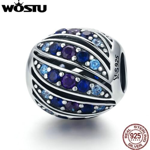 WOSTU 100% 925 Sterling Silver Peacock Feather Blue Charm Beads fit Women Charm Bracelet S925 Silver Beads Jewelry CQC472