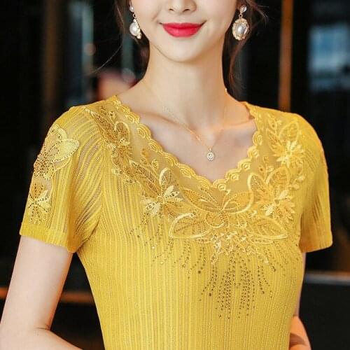 2021 Summer New Fashion Women Short Sleeve Lace Floral Embroidery Chic Stylish Solid Slim T Shirt Casual Bottoming Tops 4XL