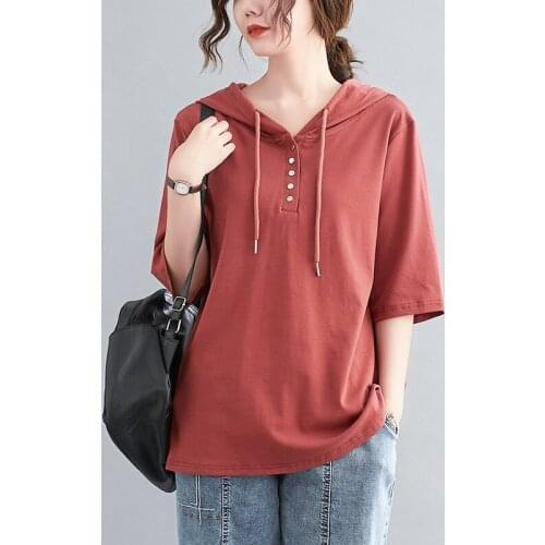 Women Summer Cotton Casual T-shirts New Arrival 2021 Simple Style Solid Color Loose Female Half Sleeve Hooded Tops Tees B015
