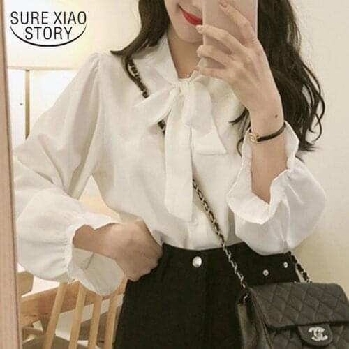 Korean Style V-neck Women Blouses Chiffon White Shirts Bow Puff Sleeve Sweet Elegant Office Ladies Autumn Fashion Clothes 11273