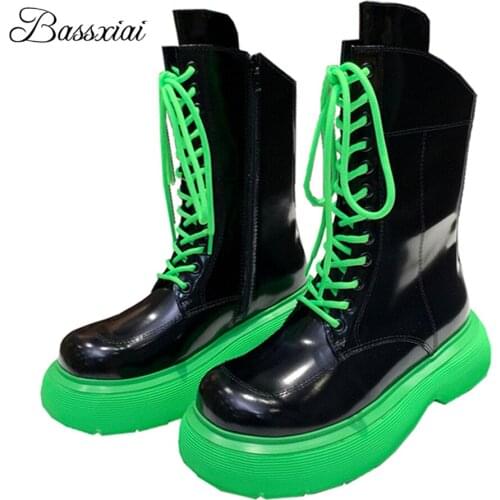 Cross-tied Genuine Leather Martin Boots Women Round Toe Thick Heel Platform Autumn Winter Runway Booties For Girls