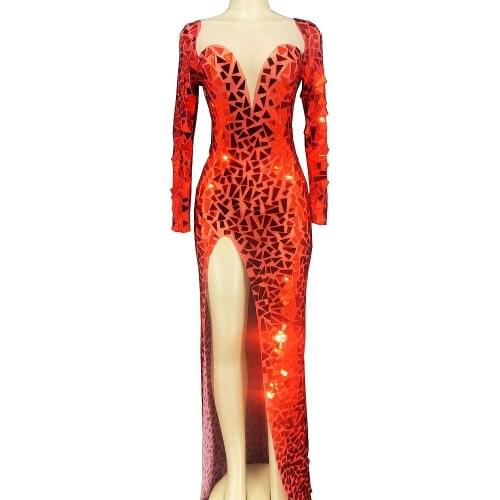 Mirror Sequins Split Fork Dress Floor-Length Long Sleeve Sparkly Clothing For Women Bar Dance Clothing Party Evening Costume