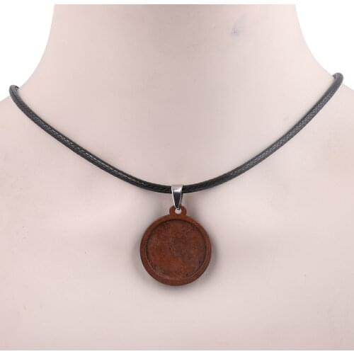 5pcs Fit 25mm Wood Cabochon Pendant Base Setting Trays 55cm Long Leather Cord Rope Necklace Bezel Blank Diy Jewelry Findings