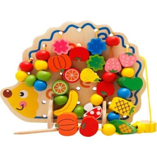 82Pcs Wooden Fruits Vegetables Lacing Stringing Beads Toys with Hedgehog Board Montessori Educational Toy for Kids Children Gift